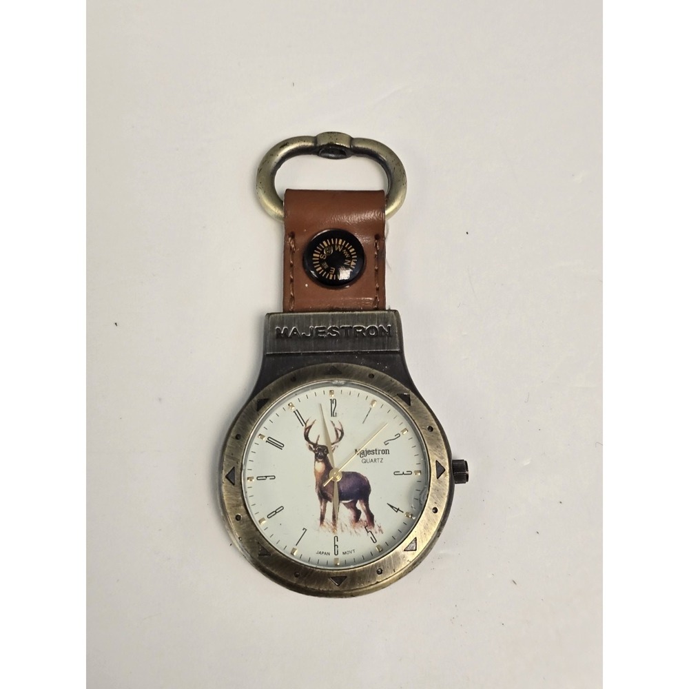 Majestron Gold Tone Hunter's Quartz Pocket Watch Stag Face Working